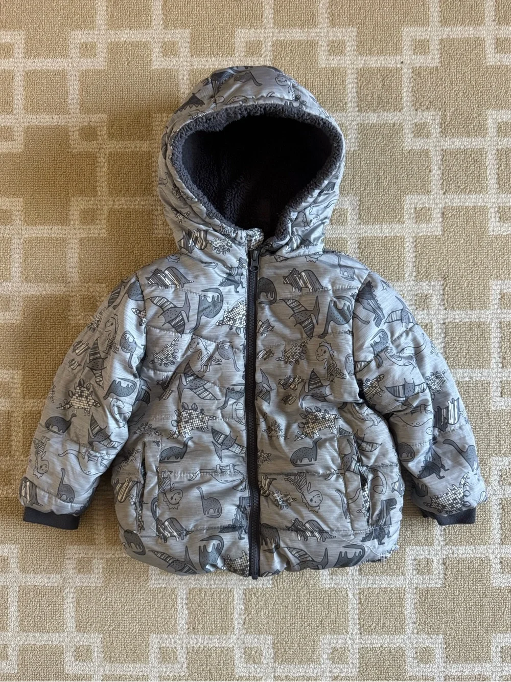 Swiss Tech Toddler Dinosaur Puffer Jacket Hooded Winter Coat Sherpa Lined 3T